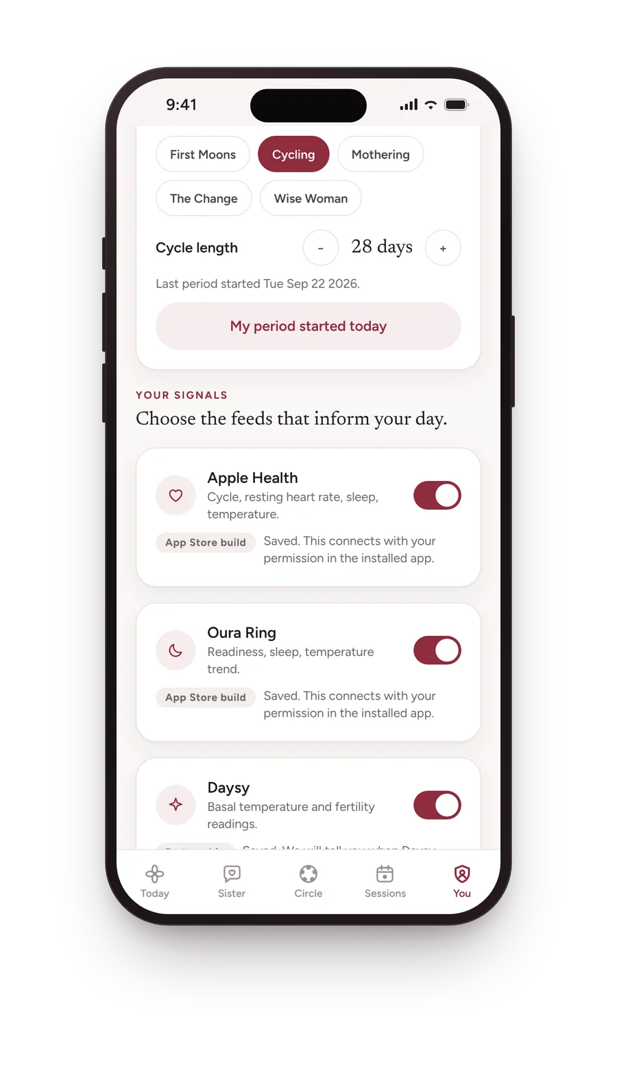 Your signals in the Wild Woman app: Apple Health, Oura Ring and Daysy switched on, with your cycle length and last period