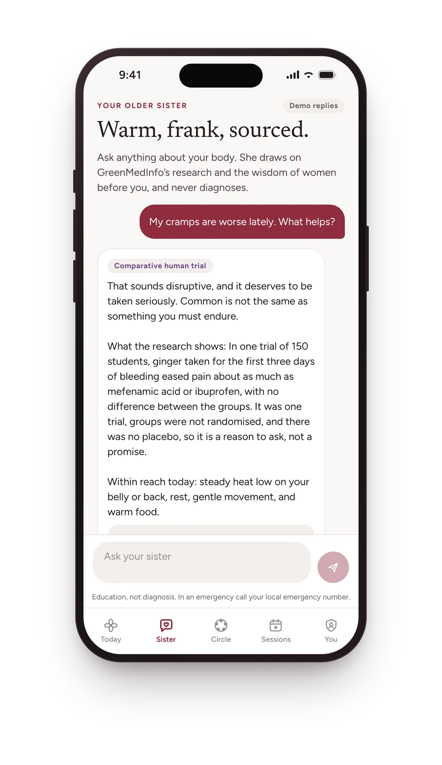 The Sister in the Wild Woman app, answering a question about worsening cramps with the evidence labelled