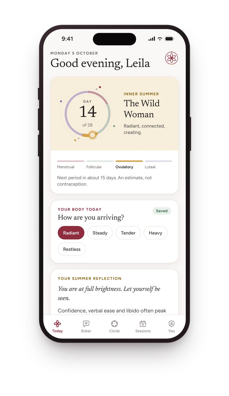 The Today screen in the Wild Woman app: day 14, Inner Summer, The Wild Woman, with the morning check-in answered Radiant