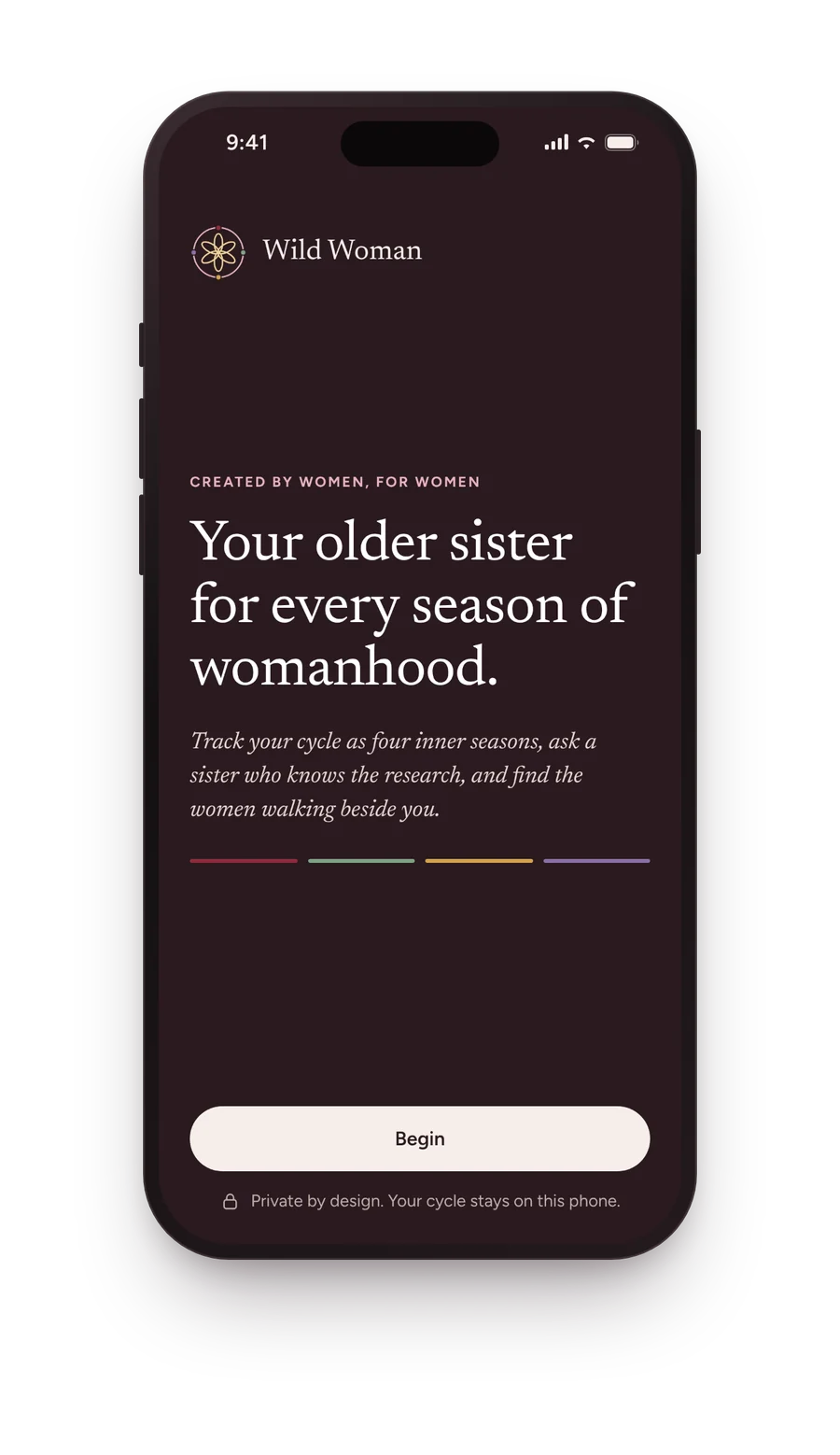 The Wild Woman welcome screen: created by women, for women, private by design